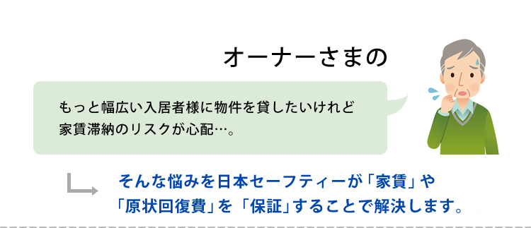 オーナーさまの　もっと幅広い入居者様に物件を貸したいけれど家賃滞納のリスクが心配…。そんな悩みを日本セーフティーが「家賃」や「原状回復費」を「保証」をすることで解決します。