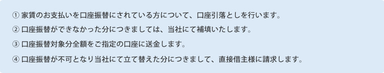 ① 家賃のお支払いを口座振替にされている方について、口座引落を行います。② ①の口座振替対象分につきまして当社にて全額信託口へ送金します。③ 口座振替対象分全額をご指定の口座に送金します。④ 口座振替が不可となり当社にて立て替えた分につきまして、直接借主様に請求します。