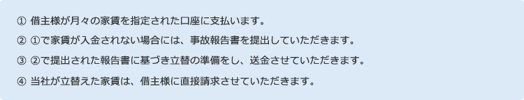 ① 借主様が（月々の家賃を不動産会社様・オーナー様へ）指定された口座に支払います。② ①で家賃が入金されない場合には、事故報告書を提出していただきます。③ ②で提出された報告書に基づき立替の準備をし、送金させて頂きます。④ 当社が立替えた家賃は、借主様に直接請求させて頂きます。